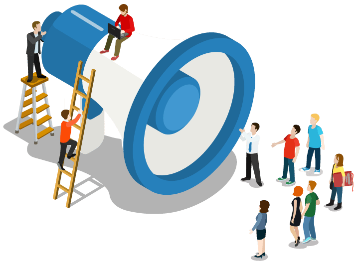 Giant megaphone with people standing around listening to someone speak, abstract image for communication.