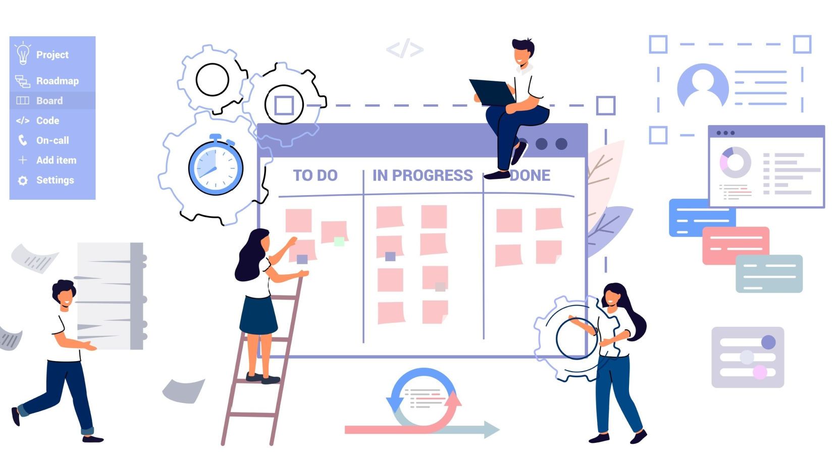 Illustrative image depicting male and female executives working on and executing business strategy