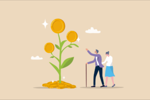 Illustration of elderly couple looking at a plant with giant gold coins on it